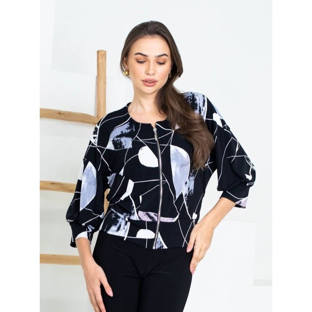Artex Fashions Women's Size L Zipper Cropped Jacket Abstract Black Print NWT